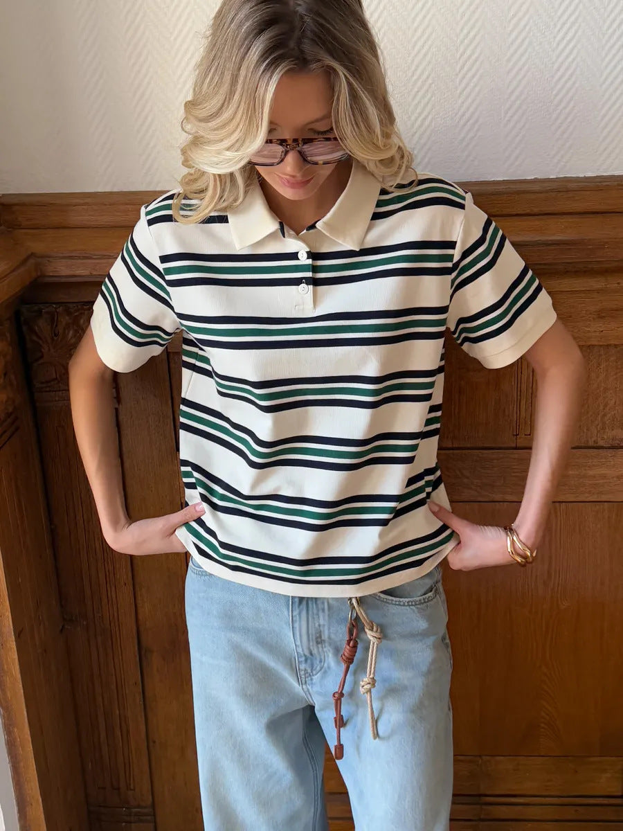 Contrast Stripe Cotton Polo Shirt in Ivory Stripe — front view on model