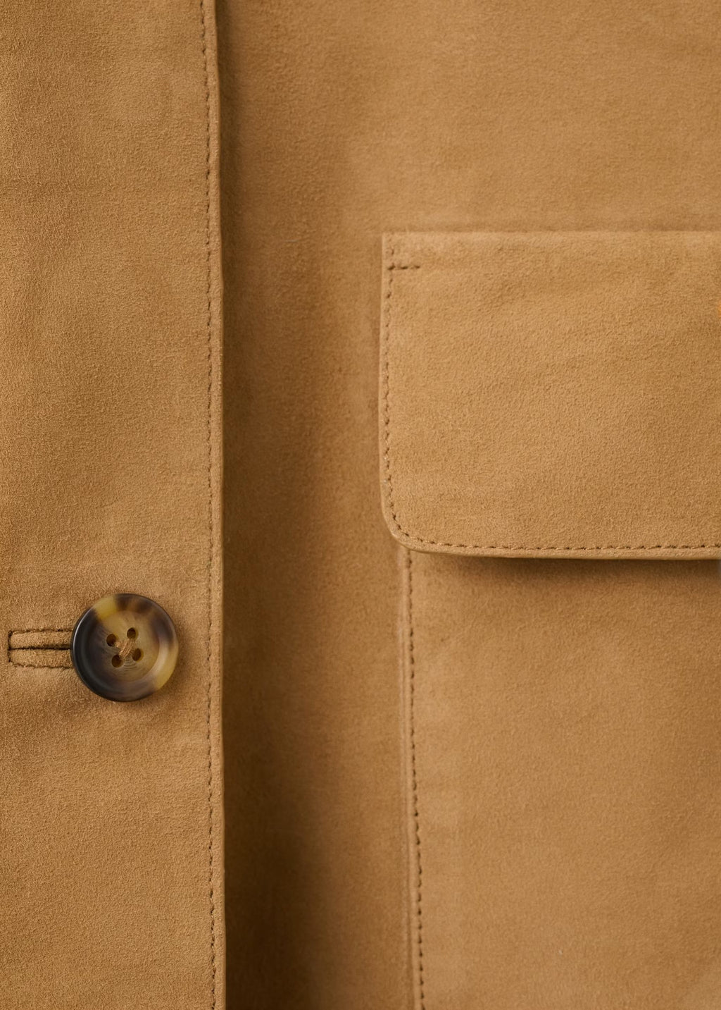 Cropped Faux Suede Jacket with Patch Pockets in Camel — close-up of the faux suede, button, and patch pocket