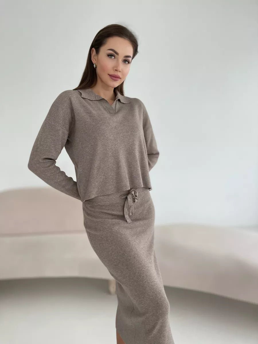 Polo-Collar Knit Sweater and Drawstring Midi Skirt Set in Taupe — front three-quarter view of the sweater and skirt on model