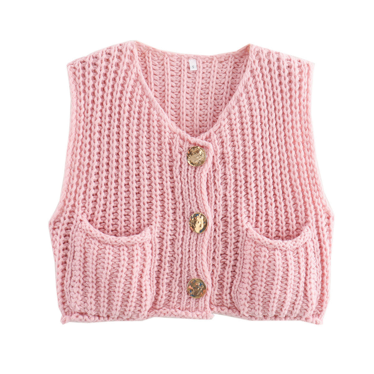 Gold-Button Chunky Knit Vest in Pink — flat front view