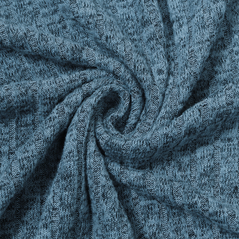 Ribbed Scoop-Neck Balloon-Sleeve Knit Top in Dusty Blue — close-up of the ribbed knit