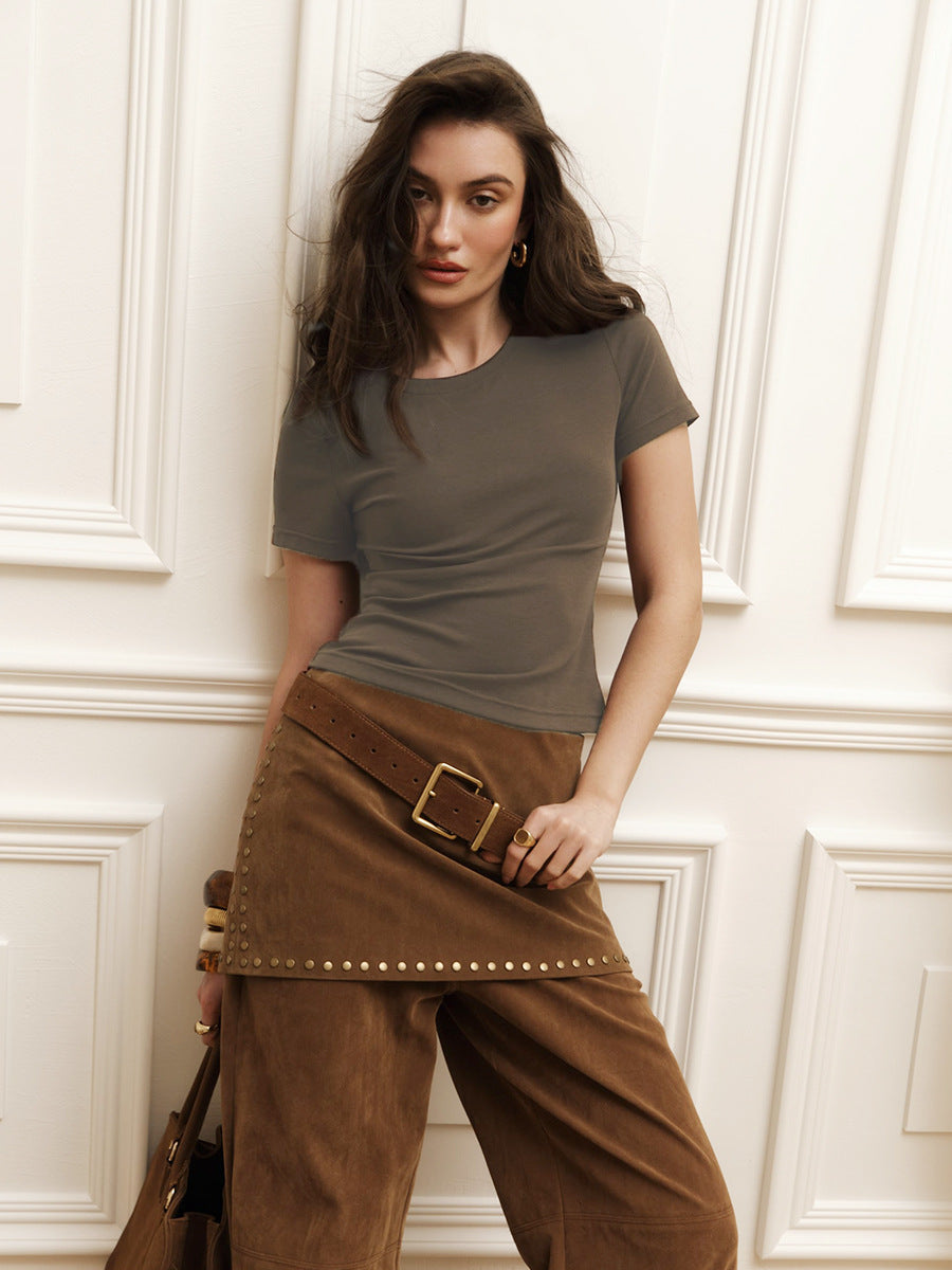 Slim Ribbed Short Sleeve Baby Tee in Taupe — on model