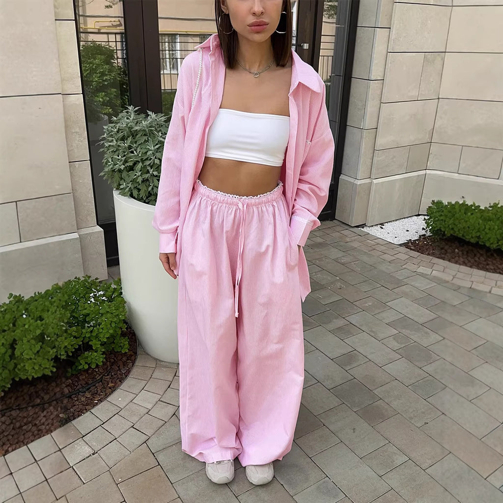 Pinstripe Cotton Shirt & Wide-Leg Pants Set in Soft Pink — on model outdoors