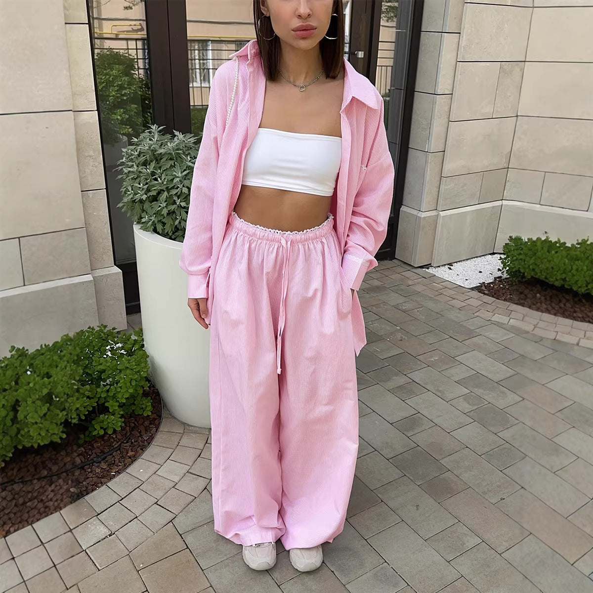 Pinstripe Cotton Shirt & Wide-Leg Pants Set in Soft Pink — on model outdoors