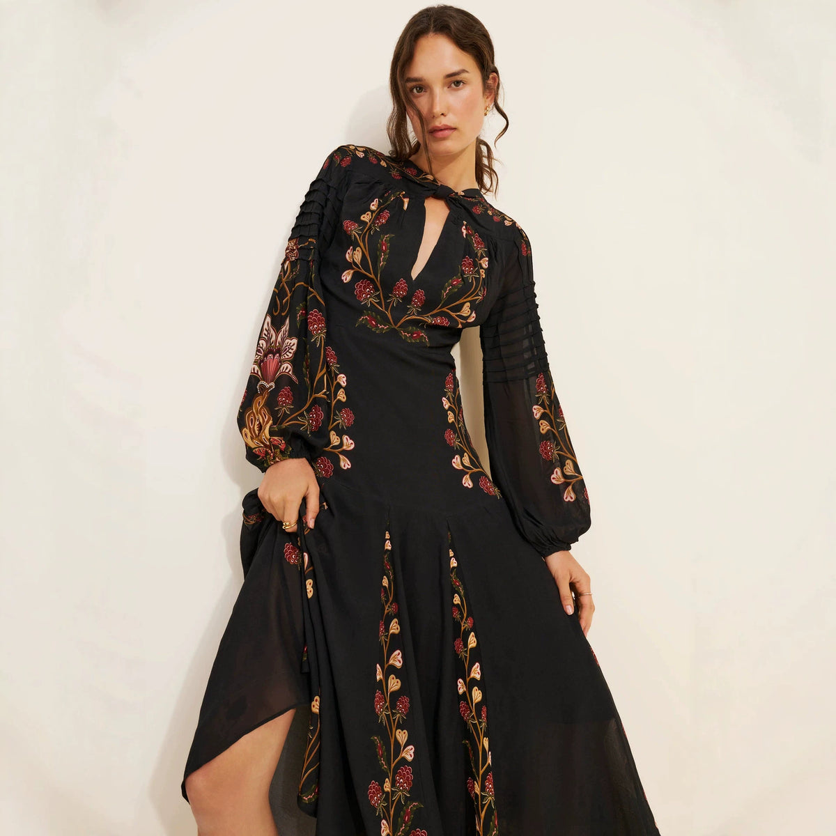 Floral Print Keyhole Midi Dress with Balloon Sleeves in Black — front view on model