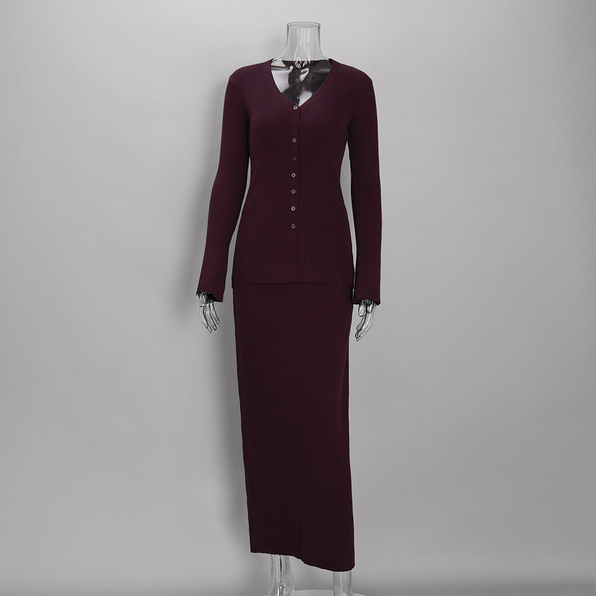 Ribbed V-Neck Button Cardigan & Fitted Knit Maxi Skirt Set in Plum — set front view