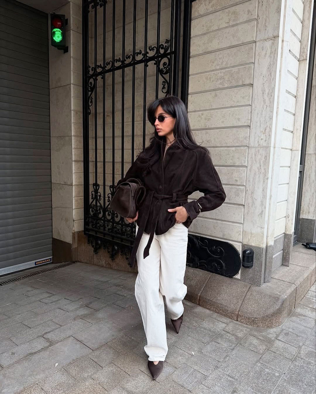 Belted Faux Suede Jacket with Shawl Collar in Espresso — full-length view on model