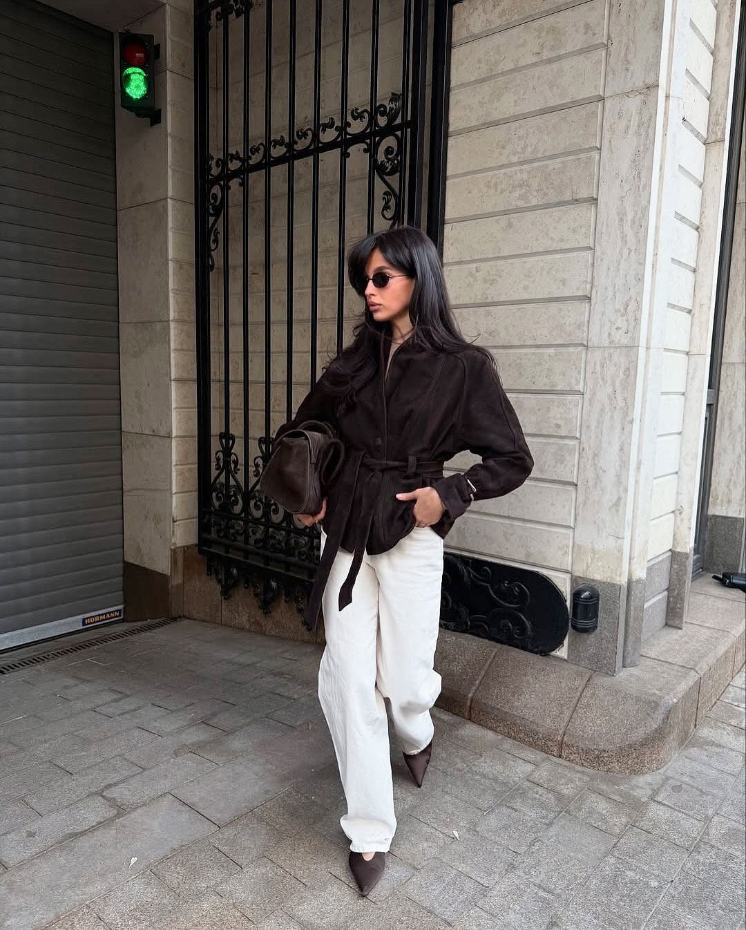 Belted Faux Suede Jacket with Shawl Collar in Espresso — full-length view on model