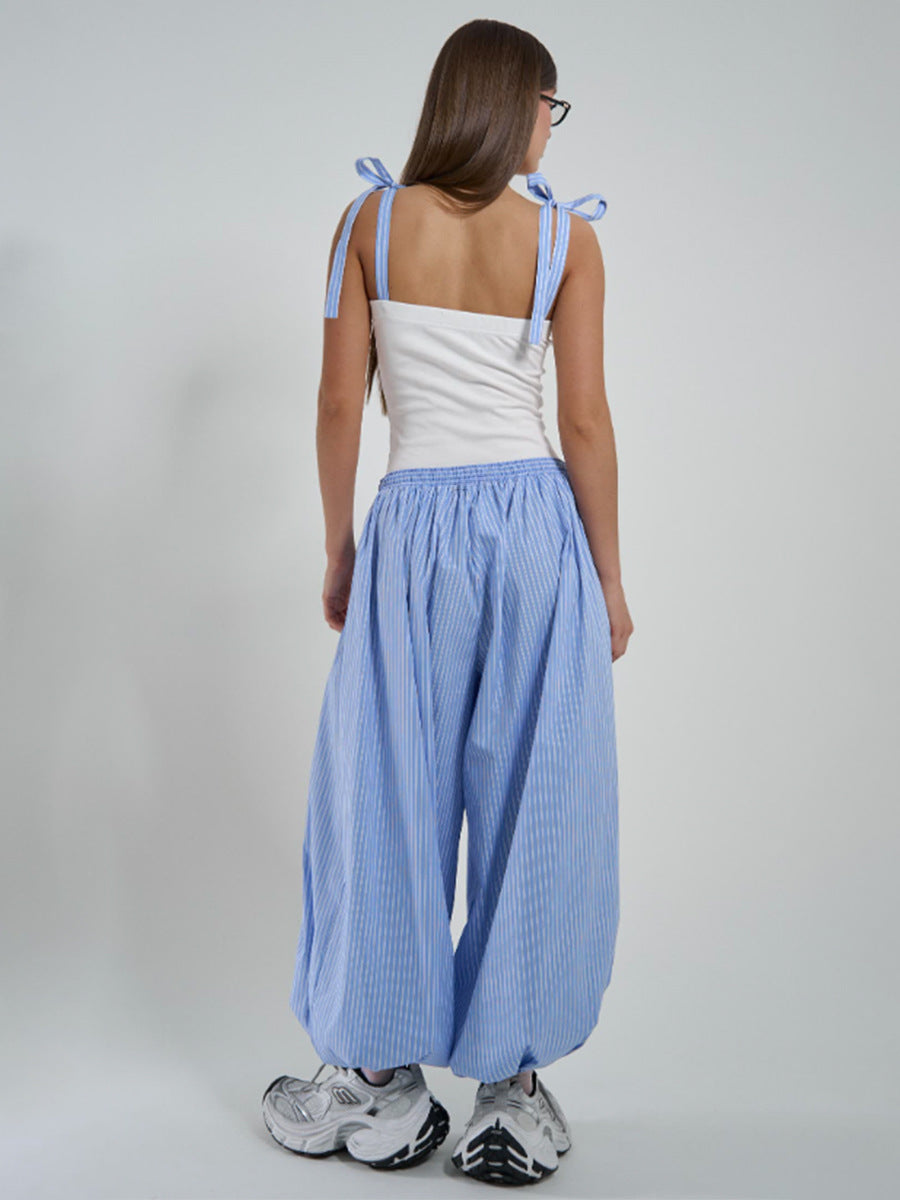 Striped Balloon Harem Pants in Blue Stripe — studio side view