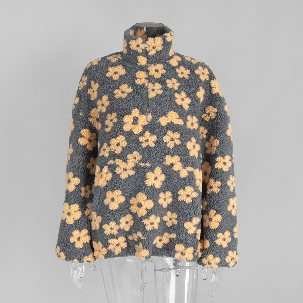 Floral Fleece Half-Zip Pullover Sweatshirt in Charcoal Peach Floral — front view