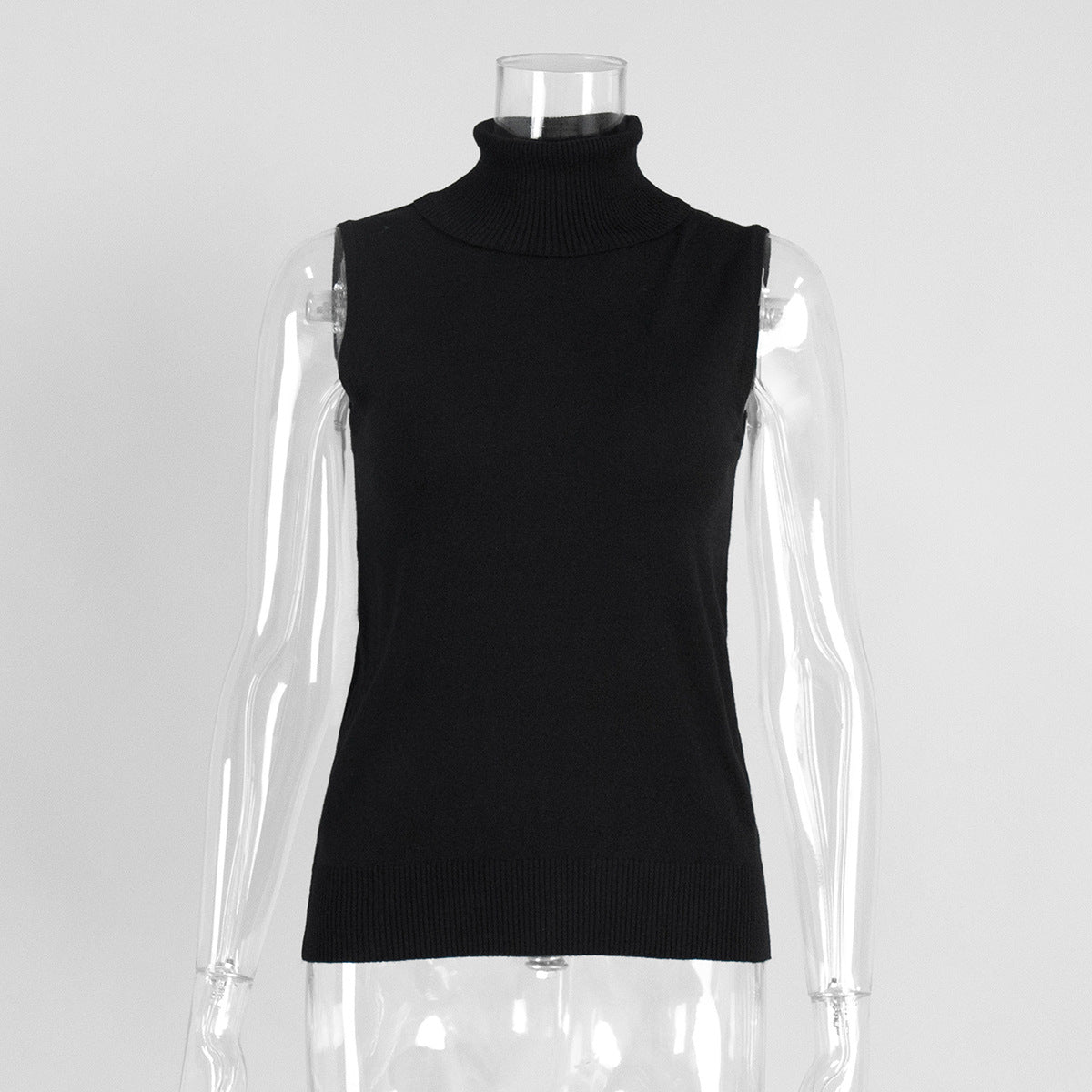 Sleeveless Turtleneck Knit Top & Cardigan Twin Set in Black (Top Only) — front view