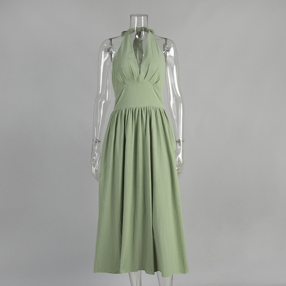 Cotton Halter V-Neck Maxi Dress in Sage Green — front view on mannequin