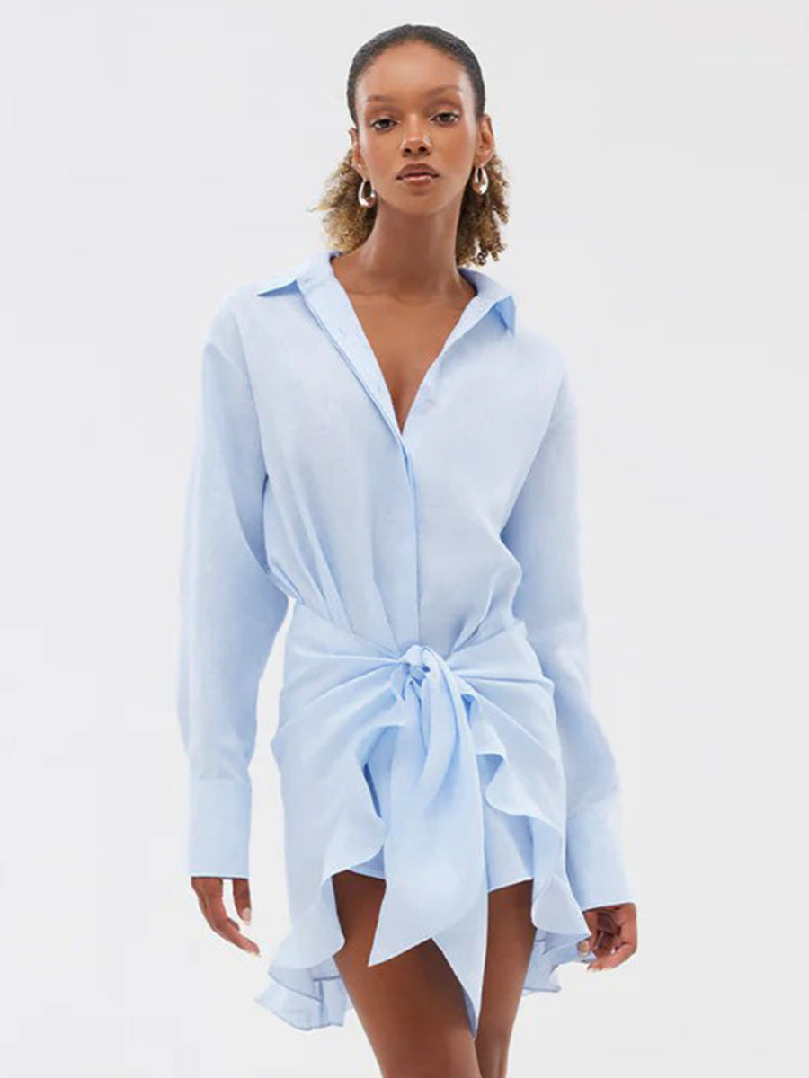 Tie-Front Cotton Mini Shirt Dress in Light Blue — back view, studio
