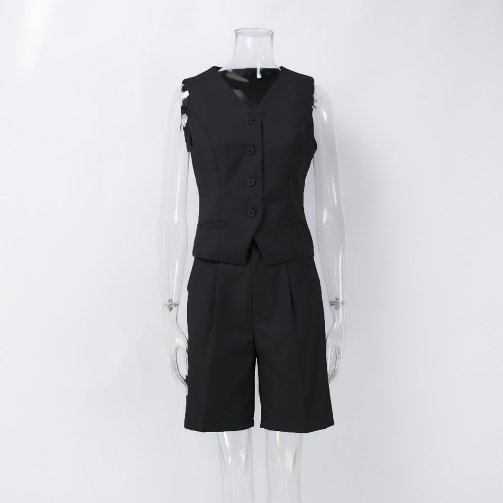 V-Neck Vest & Pleated Shorts Set in Black — front view on mannequin