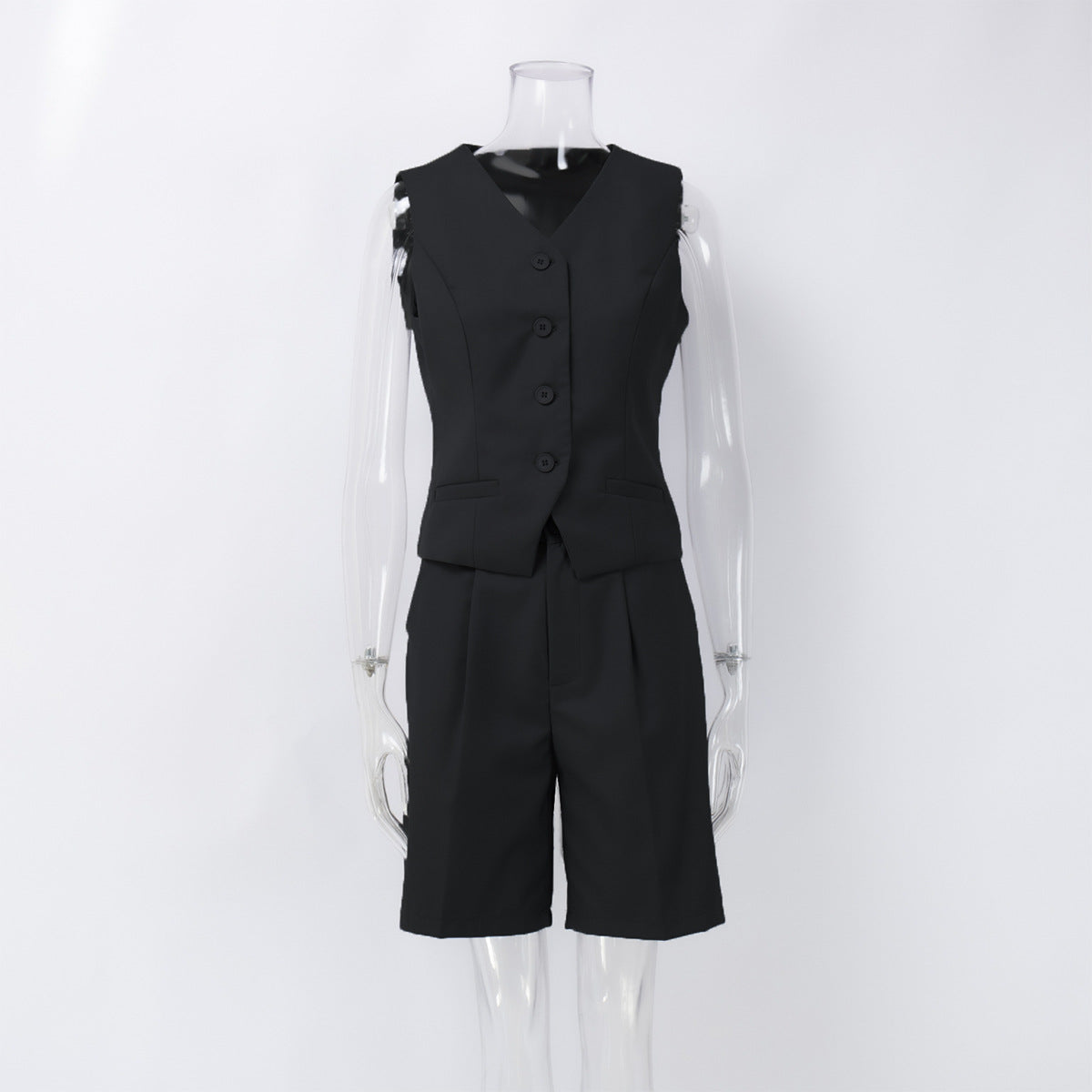 V-Neck Vest & Pleated Shorts Set in Black — front view on mannequin