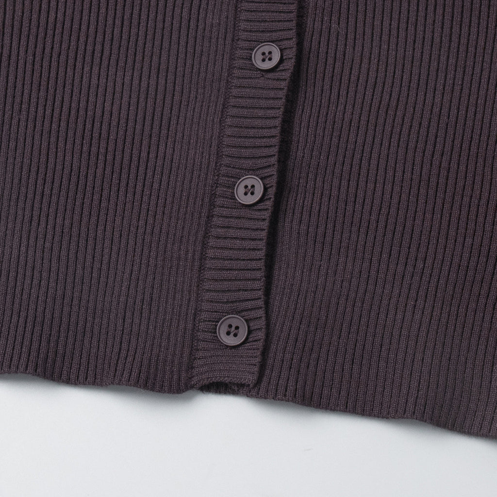 Ribbed Knit Cardigan & Low-Rise Wide-Leg Pants Set in Espresso — close-up of button front and ribbed hem
