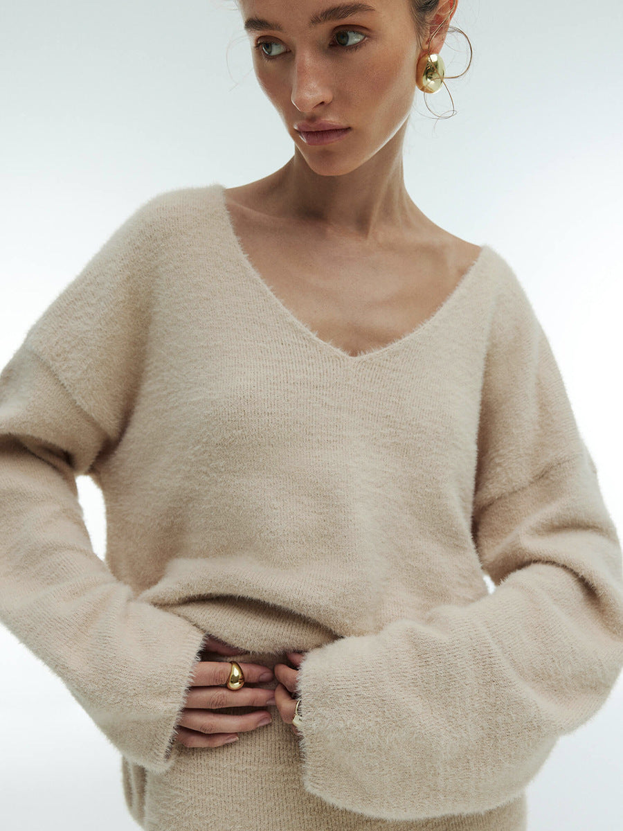 Soft Fuzzy V-Neck Sweater & Knit Maxi Skirt Set in Oat — close view on model