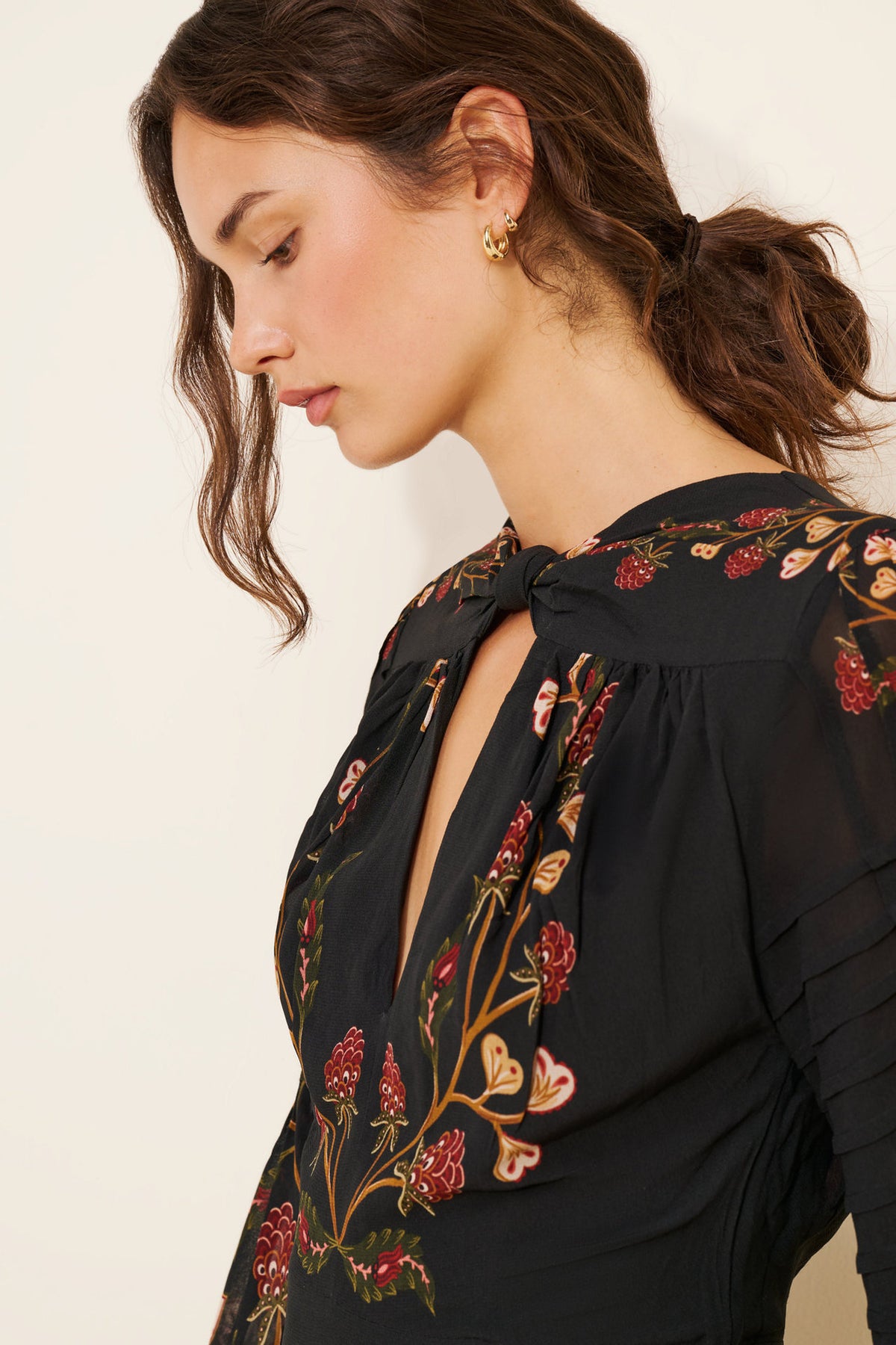Floral Print Keyhole Midi Dress with Balloon Sleeves in Black — close-up of the keyhole neckline and print