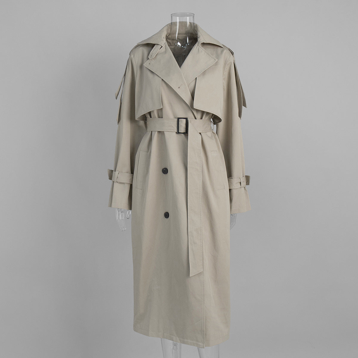 Classic Long Double-Breasted Cotton Trench Coat in Greige — front view