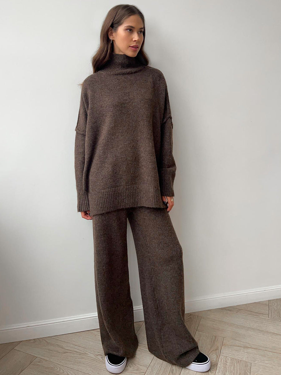 Oversized Turtleneck Sweater & Wide-Leg Knit Pants Set in Chocolate Brown — set worn on model, front view