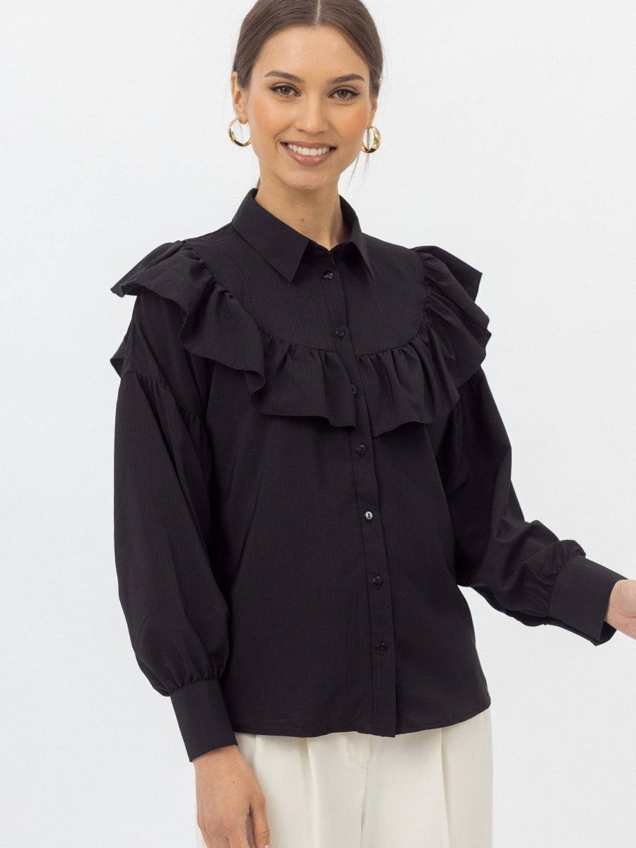 Cotton Ruffle Collar Button-Down Blouse in Black — front view on model