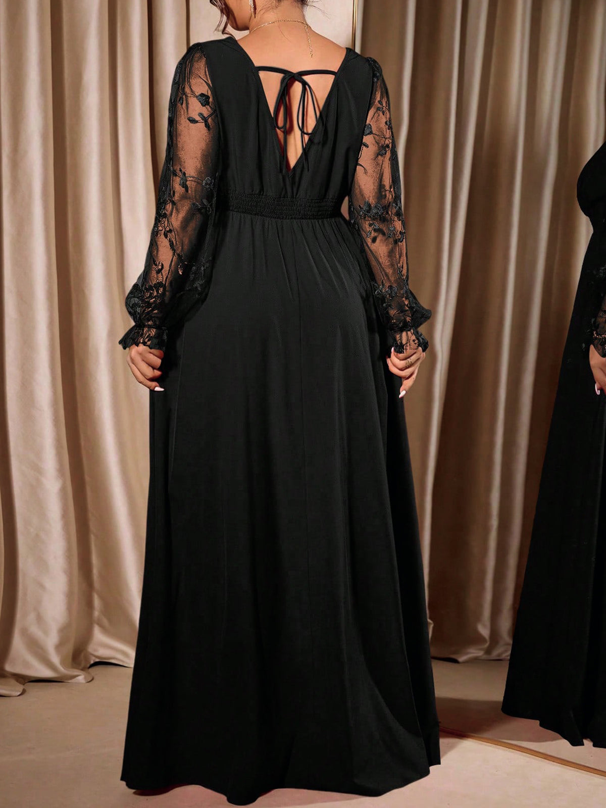 Plus-Size Lace-Sleeve V-Neck Maxi Gown with Slit in Black — back view on model