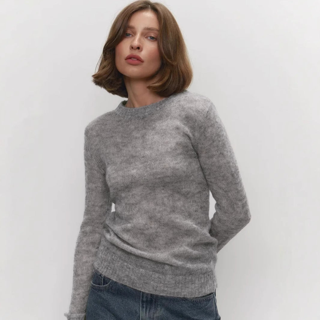 Soft Mohair-Blend Crew Neck Sweater in Heather Gray — front view on model
