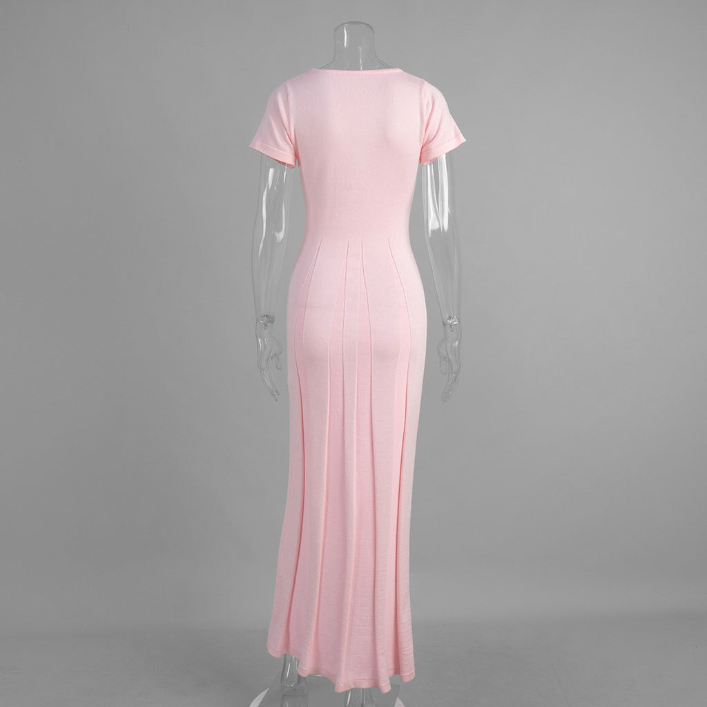 Rib-Knit V-Neck Maxi Dress with Side Slit in Soft Pink — back view on mannequin