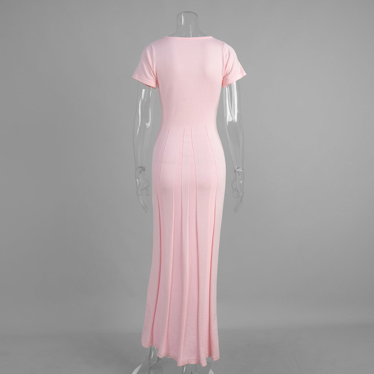 Rib-Knit V-Neck Maxi Dress with Side Slit in Soft Pink — back view on mannequin