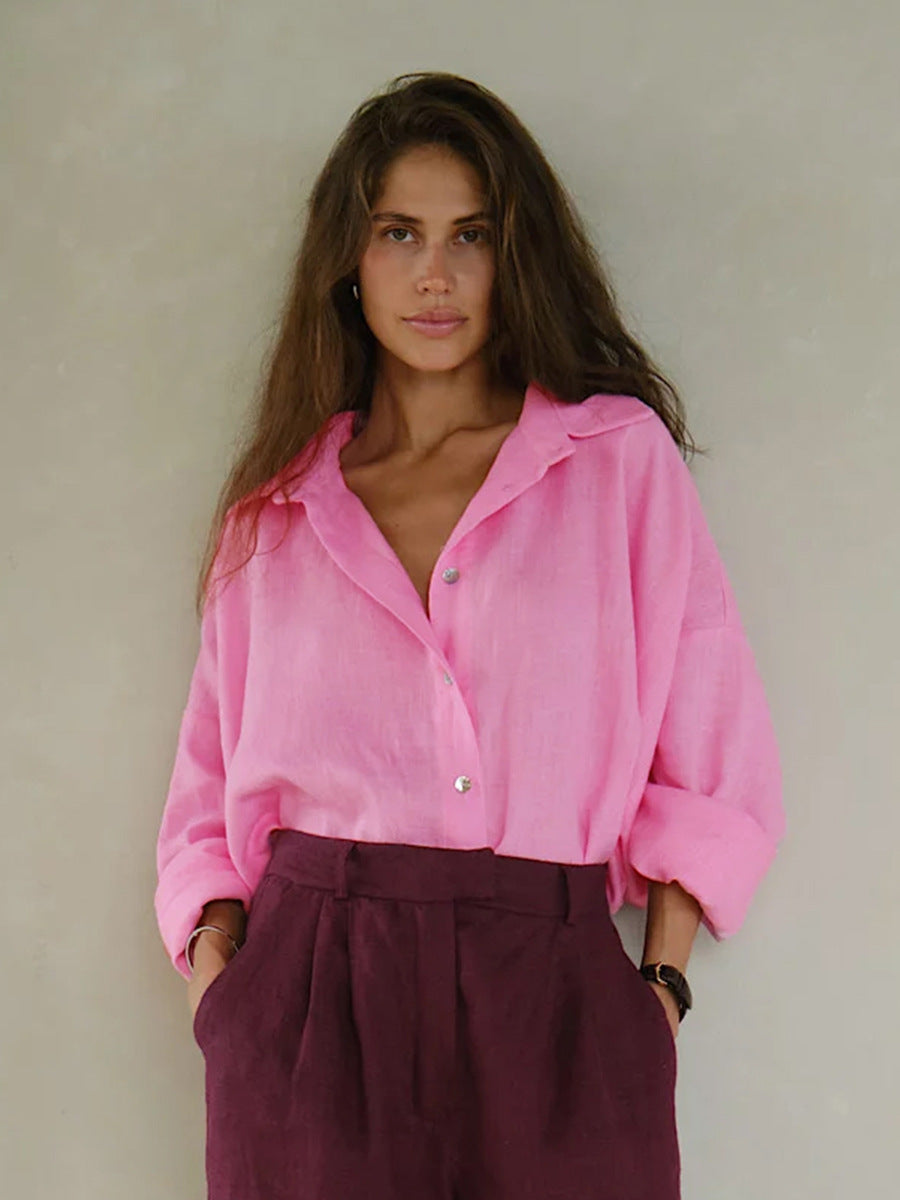 Relaxed Cotton Button-Down Shirt in Bubblegum Pink — front view on model