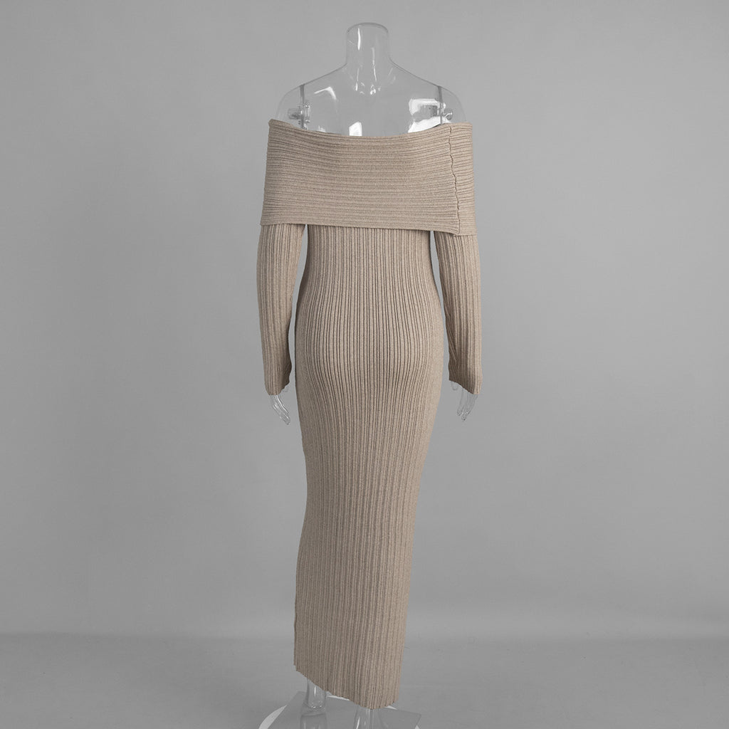Off-Shoulder Fold-Over Collar Ribbed Knit Maxi Dress in Taupe — dress back view