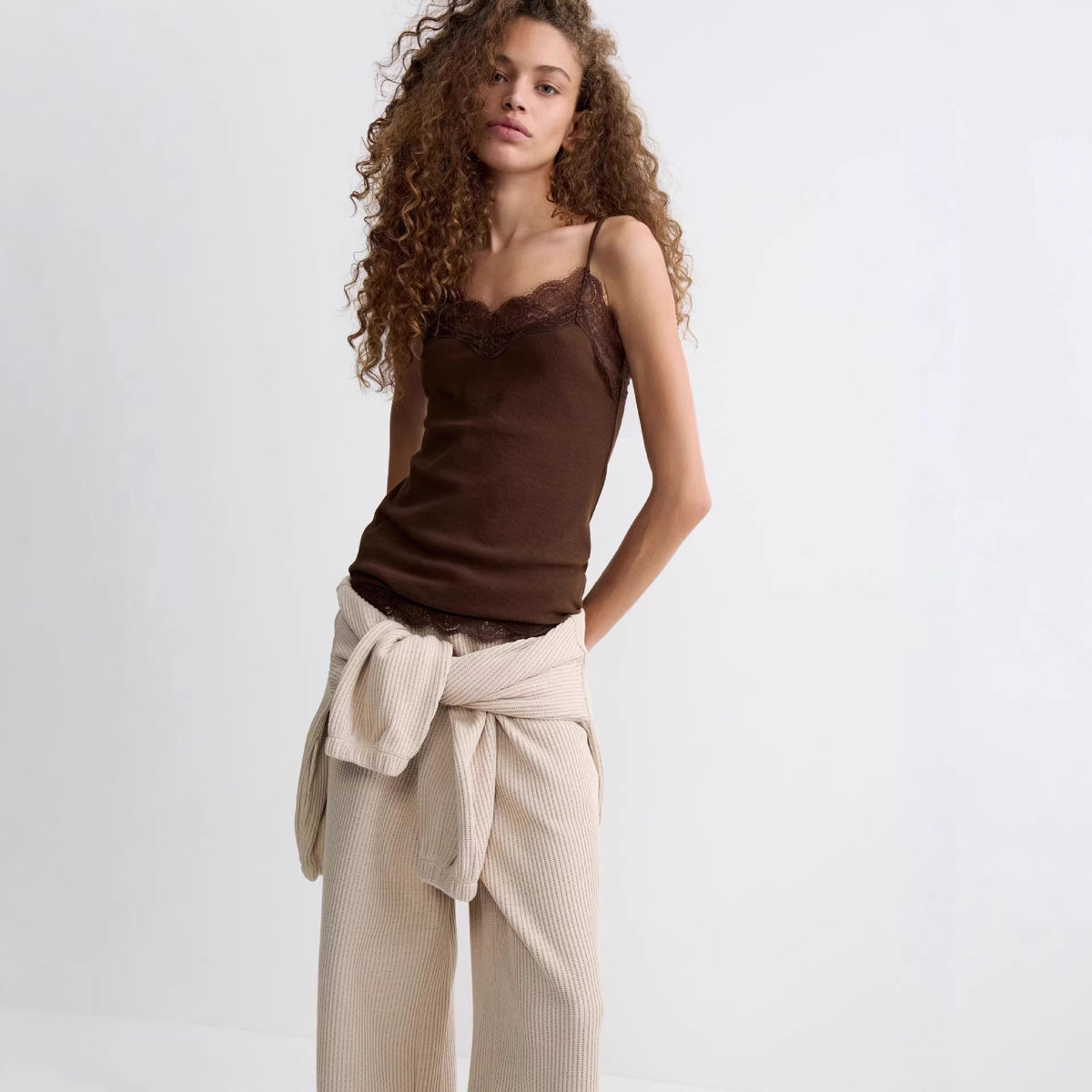 Lace-Trim Ribbed Cotton Camisole in Chocolate — front view on model