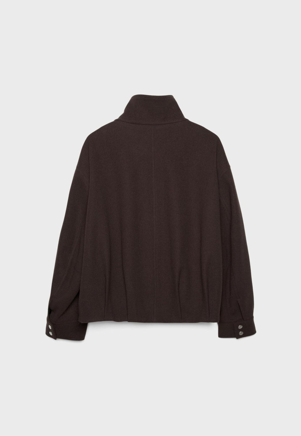Funnel Neck Wool-Look Jacket with Buckle Hem Strap in Dark Brown — laid flat, back view
