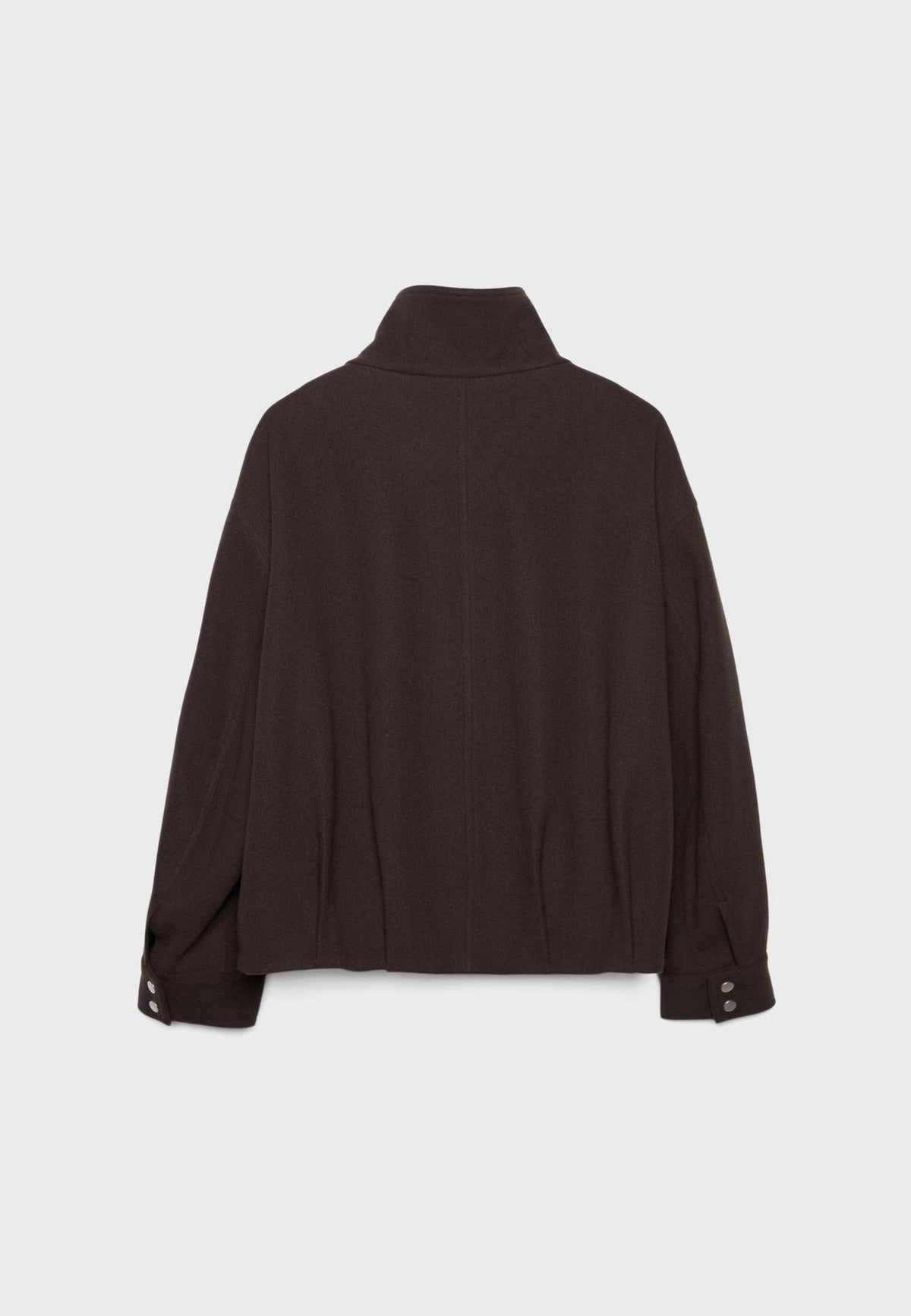 Funnel Neck Wool-Look Jacket with Buckle Hem Strap in Dark Brown — laid flat, back view