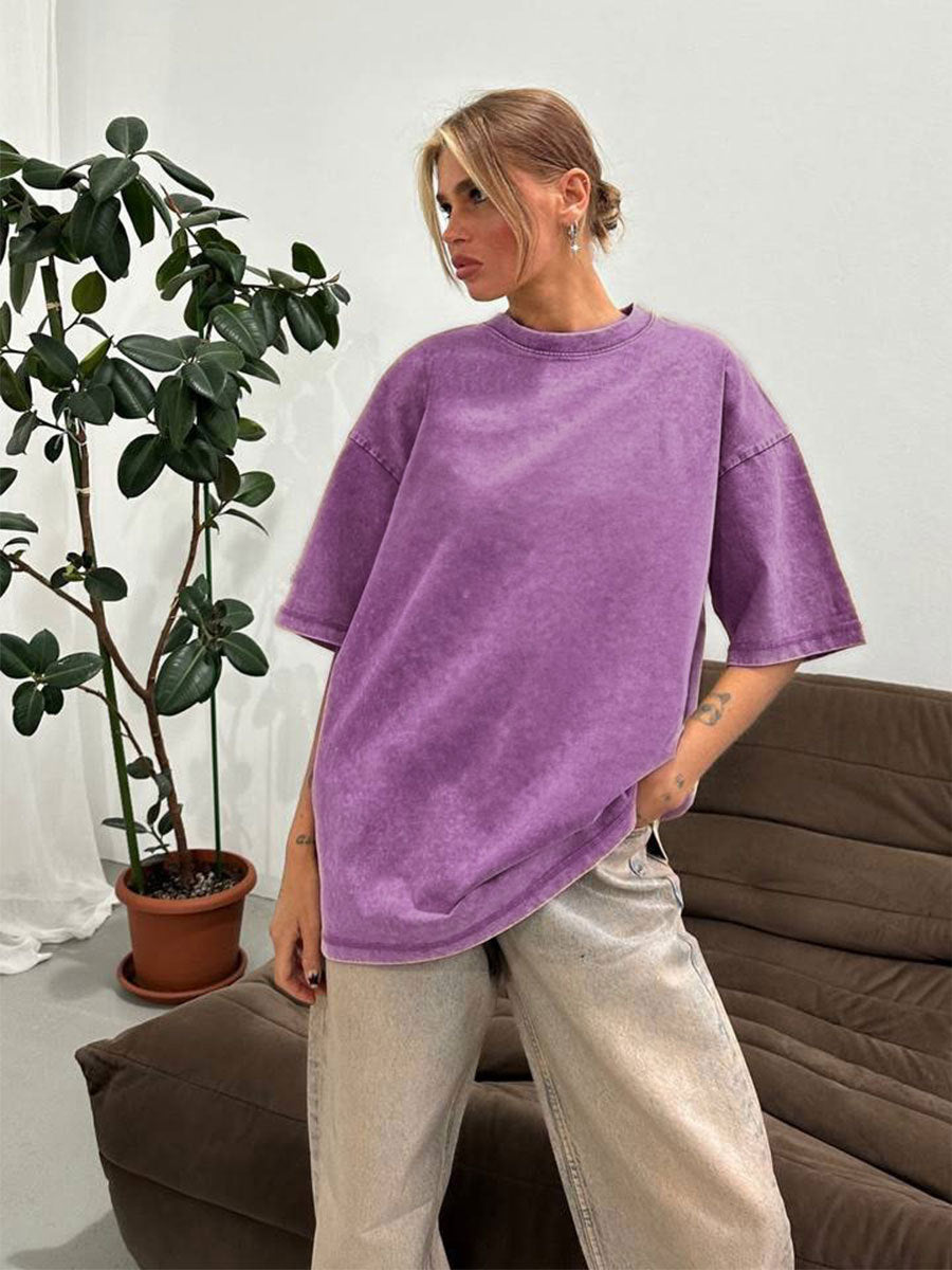 Oversized Washed Cotton Crewneck Tee in Washed Purple — front view on model