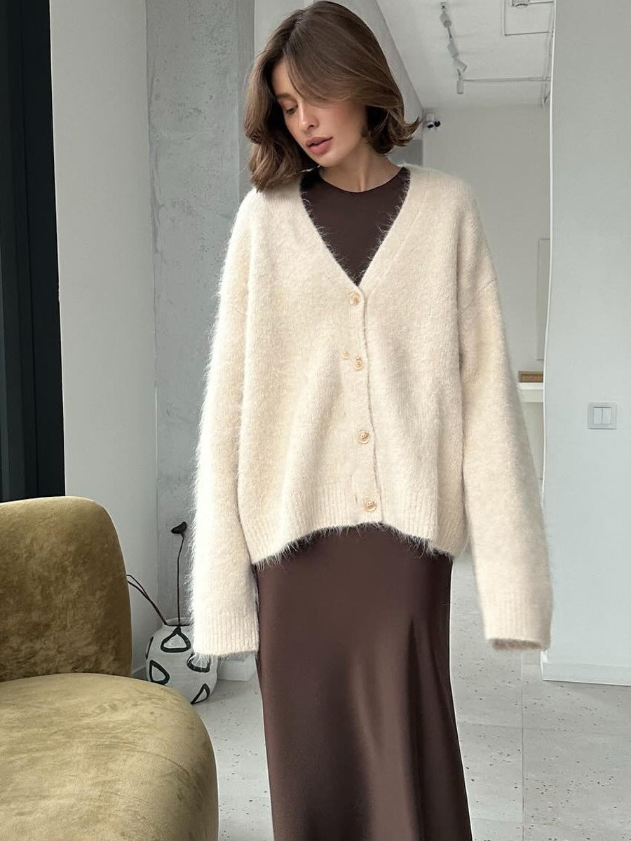 Fuzzy Wool-Blend V-Neck Button Cardigan in Ivory — front view on model