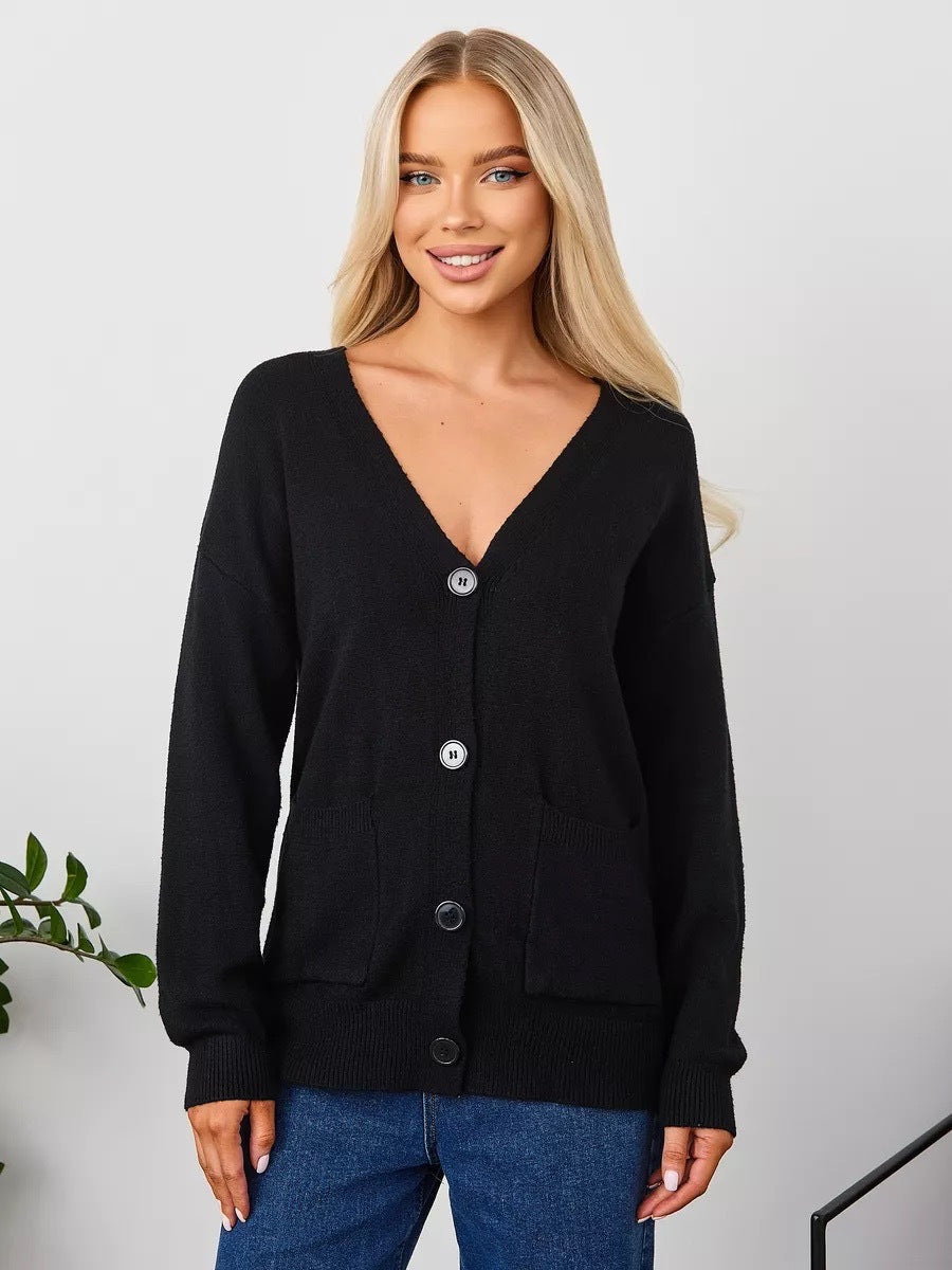 V-Neck Button Cardigan with Patch Pockets in Black — front view on model with jeans