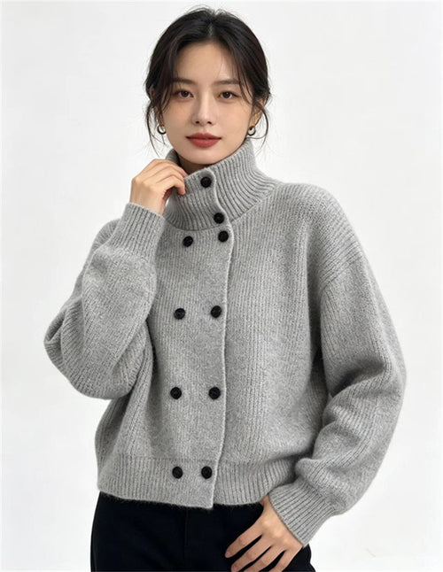 Double-Breasted Stand-Collar Knit Cardigan in Light Gray — front view on model