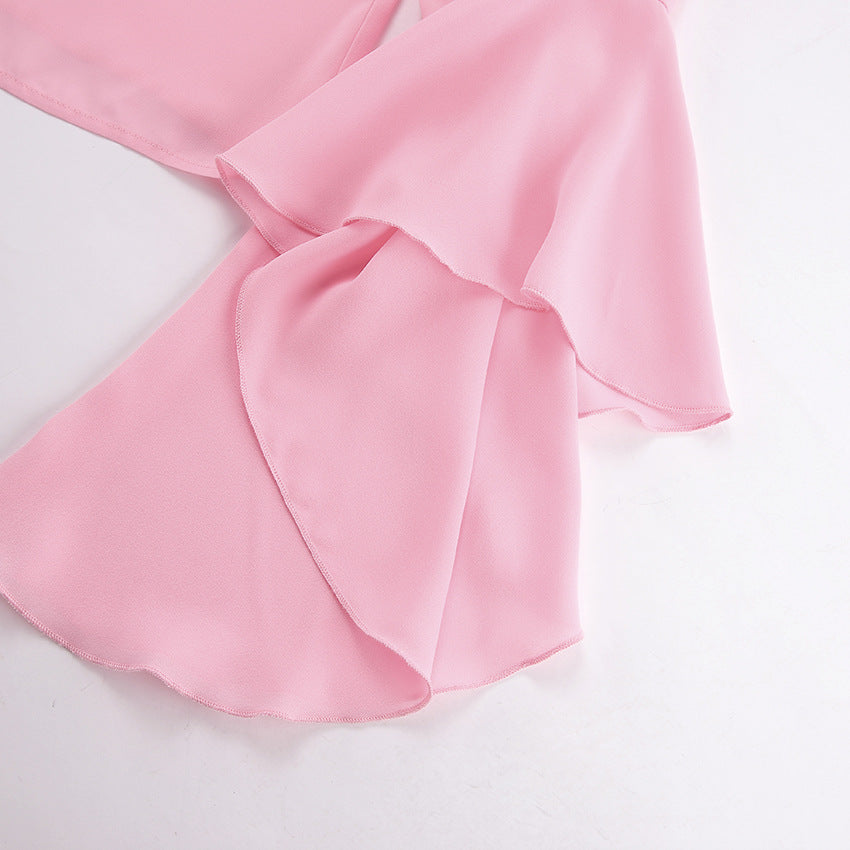 Cascading Ruffle Blouse with Bell Sleeves in Pink — close-up of the bell sleeve