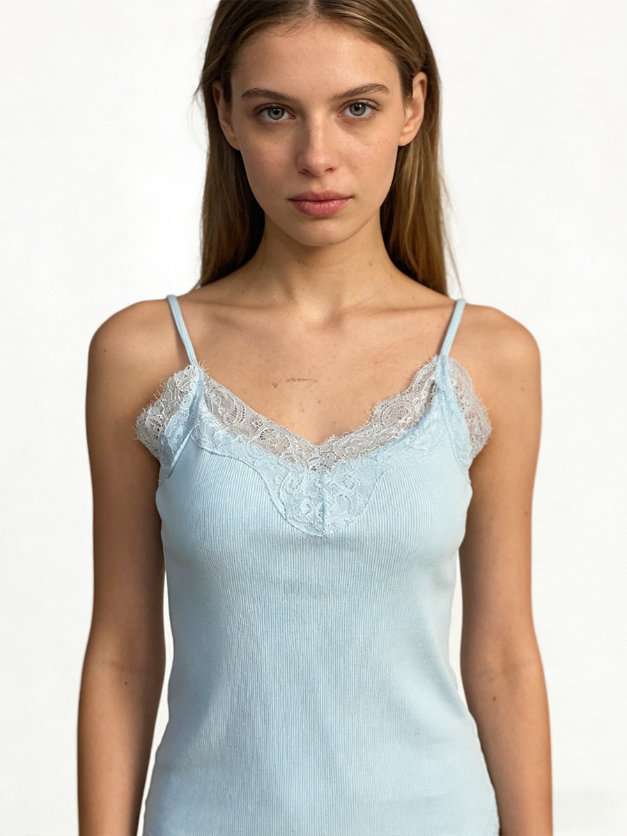 Lace-Trim Ribbed Cotton Camisole in Light Blue — front view on model