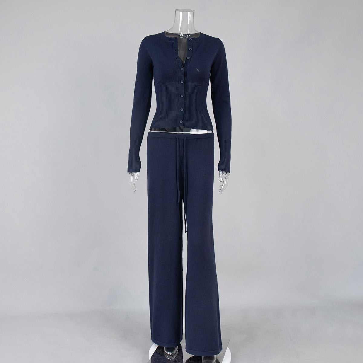 Ribbed Knit Cardigan & Low-Rise Wide-Leg Pants Set in Navy — front view