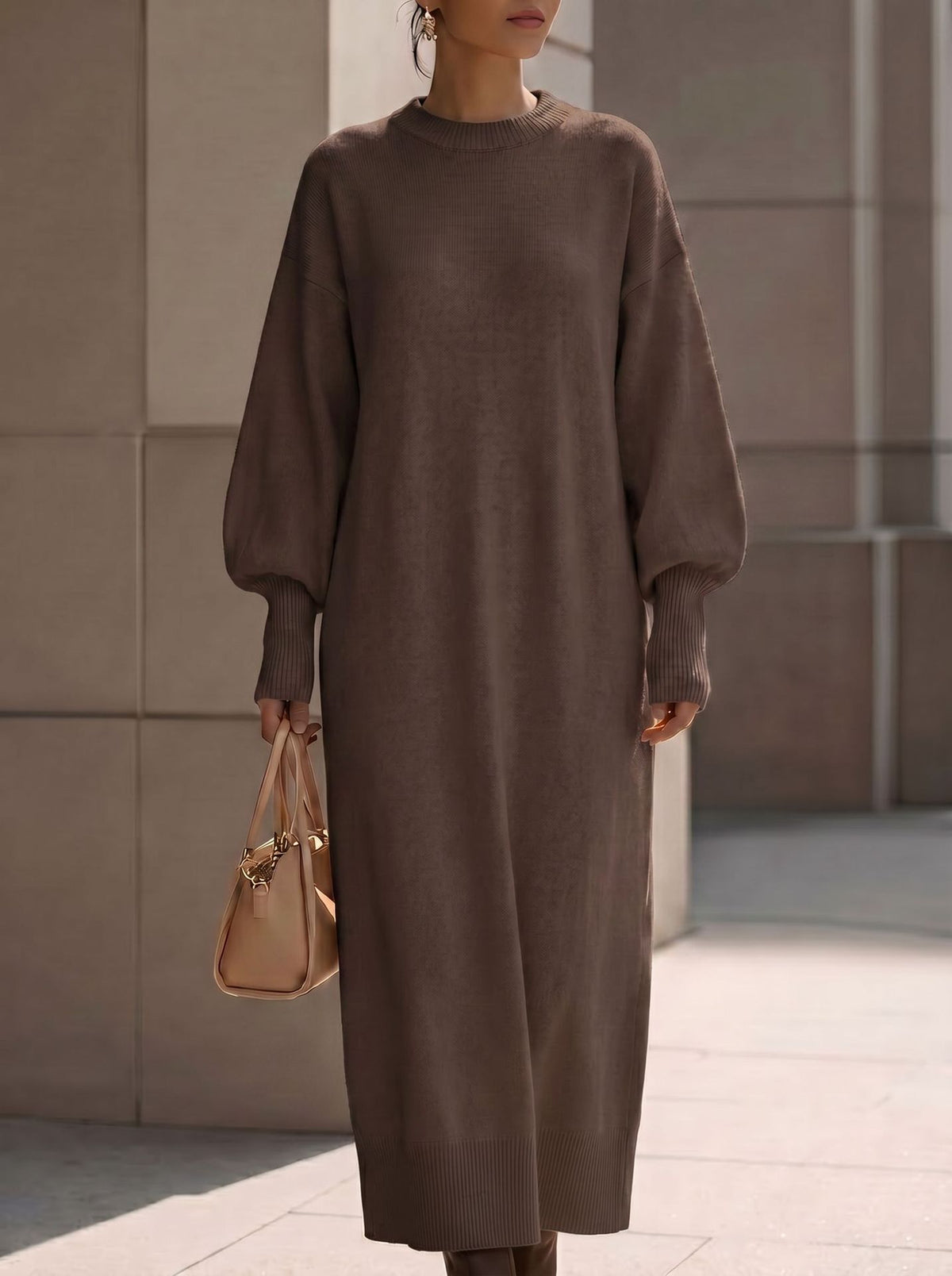 Balloon-Sleeve Knit Maxi Sweater Dress in Chocolate — full-length view on model