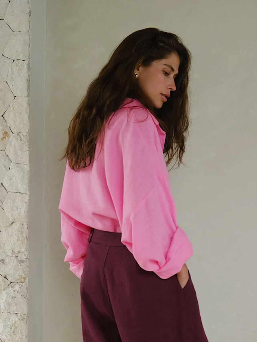 Relaxed Cotton Button-Down Shirt in Bubblegum Pink — side view on model