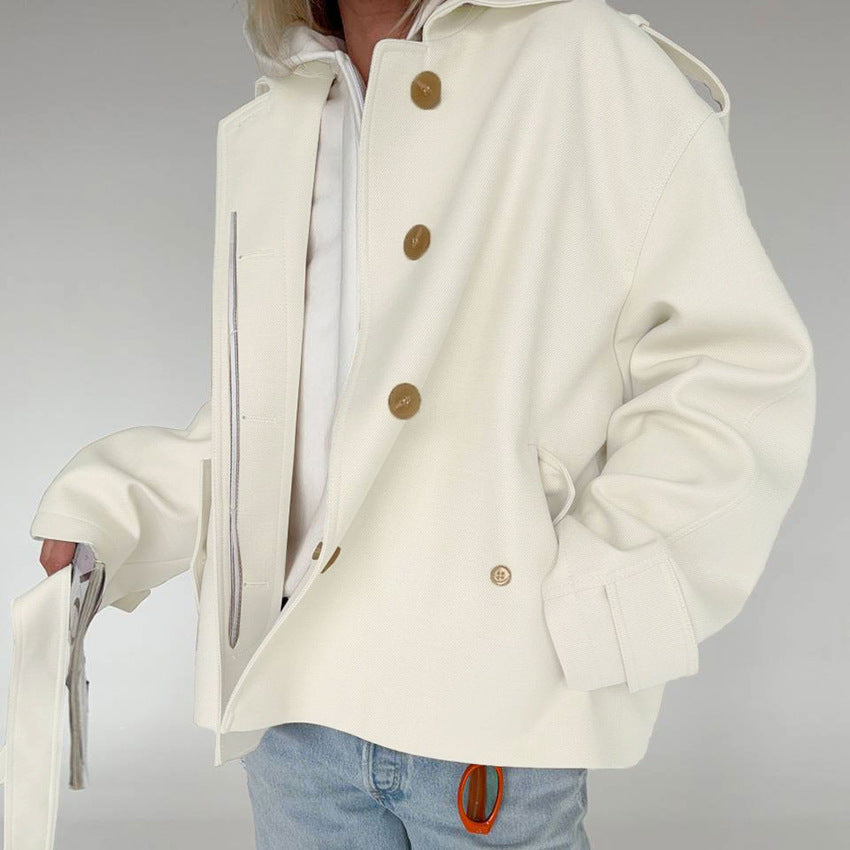 Belted Twill Utility Jacket with Epaulettes in Ivory — front view on model, worn open