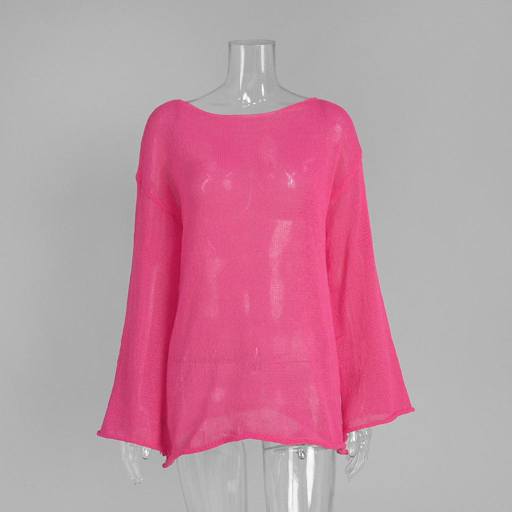 Sheer Open-Knit Bell Sleeve Sweater in Magenta — front view on mannequin
