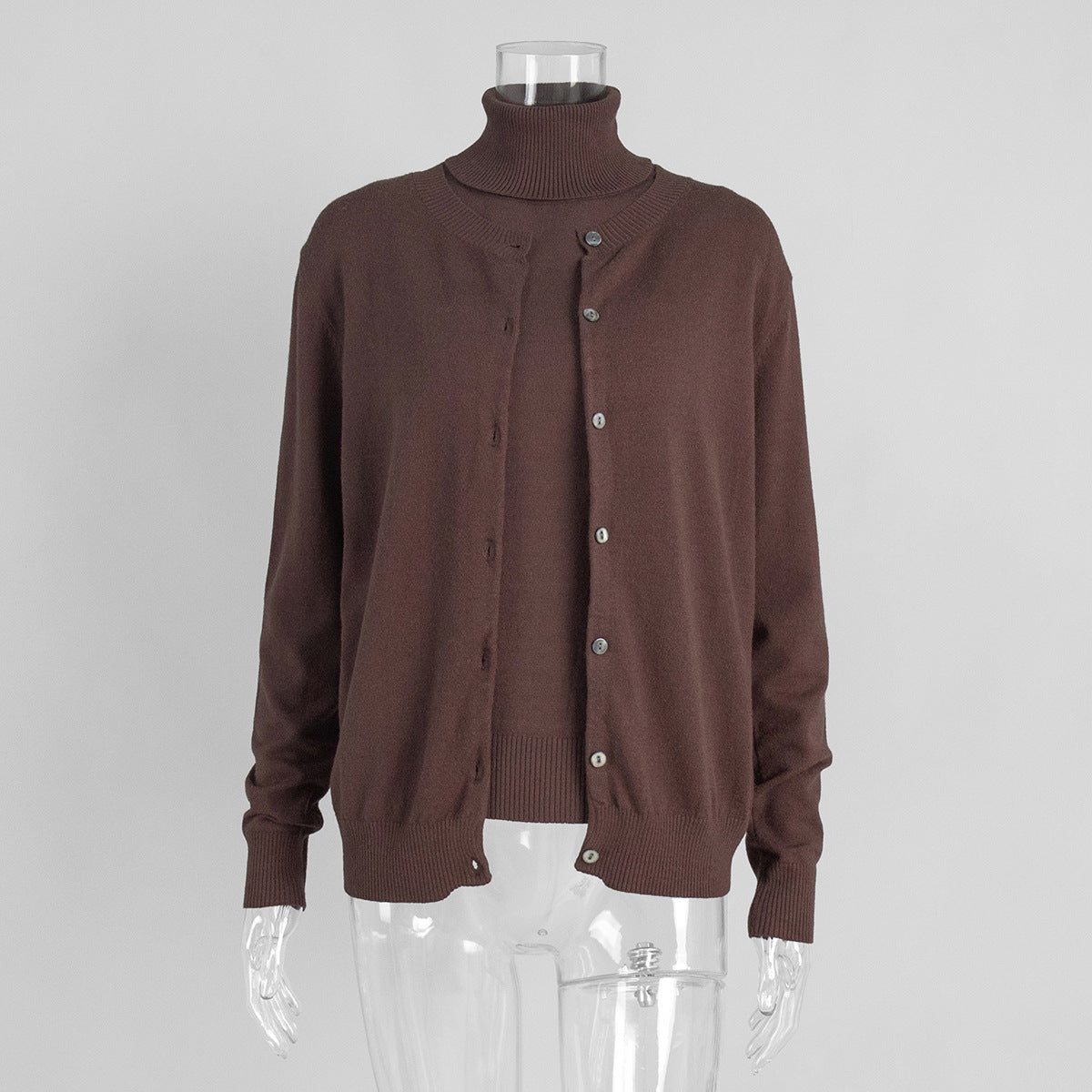 Sleeveless Turtleneck Knit Top & Cardigan Twin Set in Chocolate (Set (Top + Cardigan)) — front view