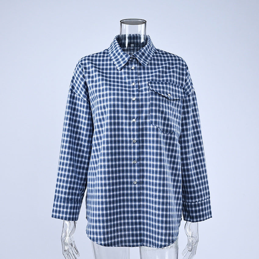 Oversized Cotton Plaid Button-Up Shirt in Navy Plaid — front view on mannequin