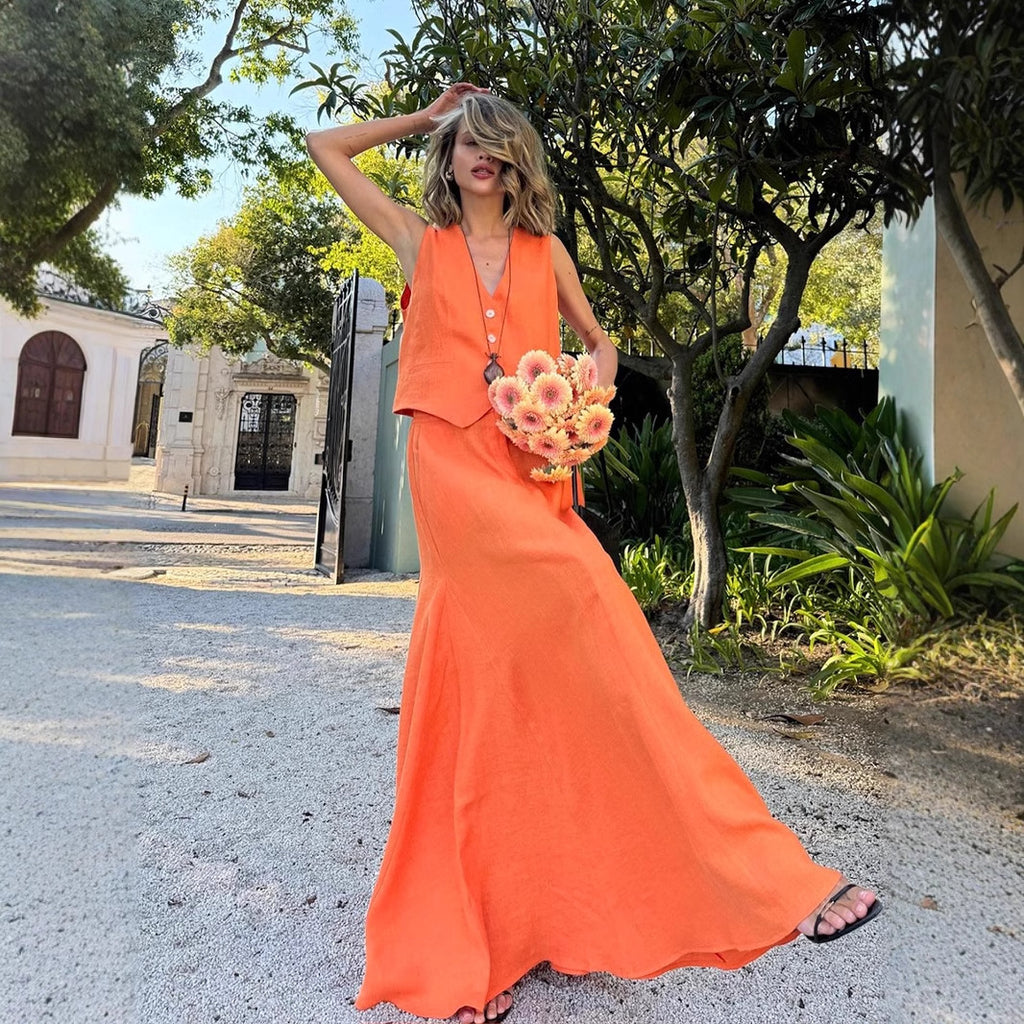 Linen Vest & Maxi Skirt Set in Orange — front view on model