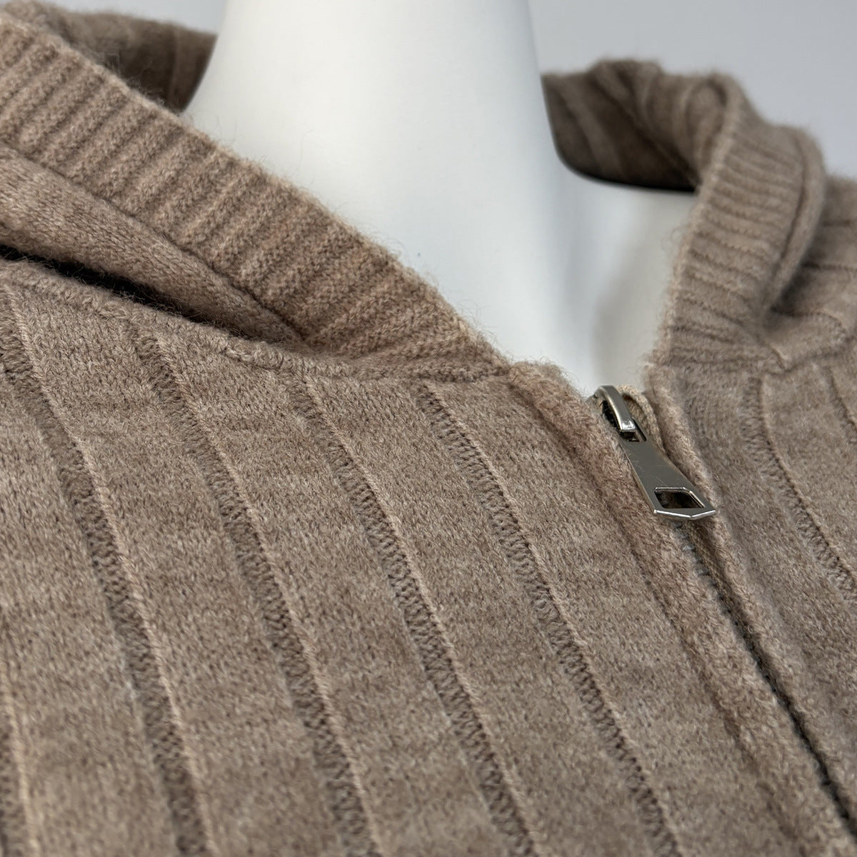 Ribbed Hooded Zip Top and Wide-Leg Pants Set in Taupe — zip and ribbed texture detail