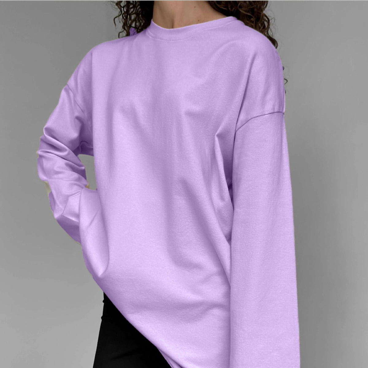 Roomy Longline Cotton Long Sleeve Tee in Lilac — front view on model or garment